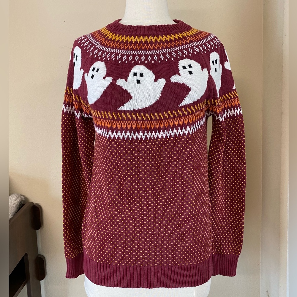 ModCloth Halloween Spooky Ghost Pattern Burgundy Sweater